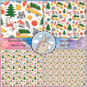 May include: Four different Christmas-themed patterns. Each pattern features festive elements like Christmas trees, yellow cars carrying trees, ice skates, reindeer, and ornaments. The patterns are on a white background, suitable for various craft projects.