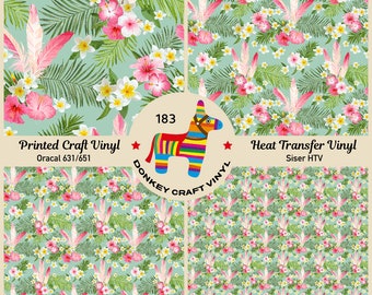 Vintage Tropical Flowers Printed Vinyl, Pattern HTV, Faux leather, Puff Heat transfer Vinyl,  Adhesive Craft Vinyl- 183