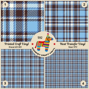 May include: Four squares of blue, white, and brown plaid fabric. The top left square is labeled "1" and "Printed Craft Vinyl Oracal 631/651". The top right square is labeled "2" and "Heat Transfer Vinyl Siser HTV". The bottom left square is labeled "3". The bottom right square is labeled "4". A donkey with a rainbow saddle is in the center of the image with the text "592 DONKEY CRAFT VINYL".