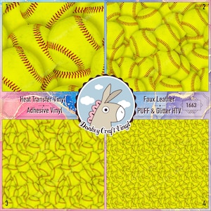 May include: Four different patterns of yellow softball designs. The patterns are labelled with numbers 1, 2, 3, and 4. The patterns are for heat transfer vinyl, adhesive vinyl, faux leather puff and glitter HTV, and faux leather puff and glitter HTV. The text "Donkey Craft Vinyl" is in the centre of the image.