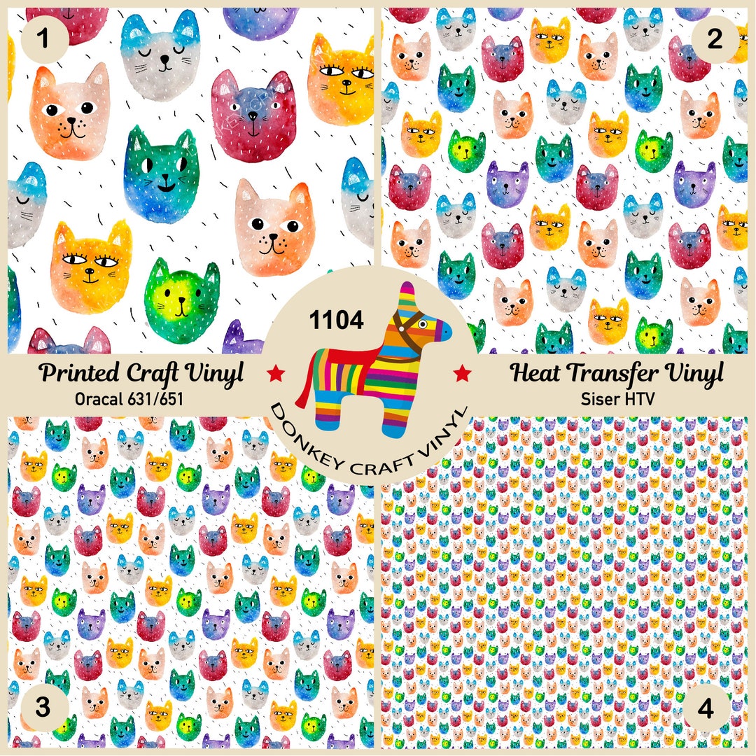 Watercolor Cat Face Printed HTV, Pattern Vinyl, Iron on Vinyl, Puff ...