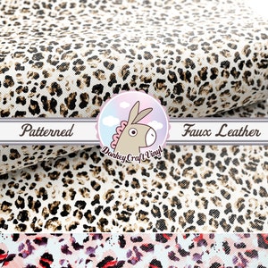 May include: White faux leather fabric with a brown leopard print pattern. The fabric is folded in half and the text "Patterned Faux Leather" is visible.