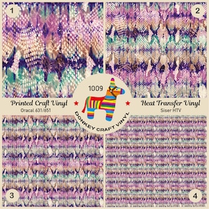 May include: Four samples of printed craft vinyl with snake skin patterns in shades of purple, green, and tan. The image includes the text "Printed Craft Vinyl" and "Heat Transfer Vinyl" with the brand name "Donkey Craft Vinyl".