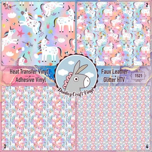 Peut inclure: Un collage de quatre feuilles de vinyle à motifs avec des licornes blanches aux crinières et queues colorées sur des fonds pastel. Les feuilles sont étiquetées avec les types de produits : Heat Transfer Vinyl, Adhesive Vinyl, Faux Leather et Glitter HTV. Le logo Donkey Craft Vinyl est également présent.