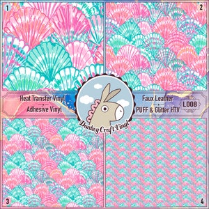 May include: Four digital designs featuring a pink and teal seashell pattern. The designs are labeled 1, 2, 3, and 4. The text "Heat Transfer Vinyl Adhesive Vinyl" and "Faux Leather PUFF & Glitter HTV L008" are also included in the image.
