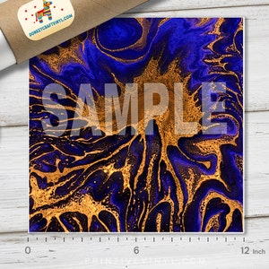 May include: A square print with a blue and gold abstract design. The design features swirling patterns with gold accents. The word "SAMPLE" is overlaid on the print. The print measures approximately 12 inches.