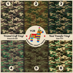 May include: Six different camouflage patterns in green, brown, and tan colors. The patterns are labeled with numbers 1 through 6. The center pattern has a donkey illustration with the text "Donkey Craft Vinyl" and "1129". The text "Printed Craft Vinyl" and "Oracal 631/651" is below the first pattern. The text "Heat Transfer Vinyl" and "Siser HTV" is below the third pattern.