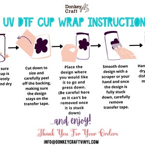May include: A step-by-step guide on how to apply a UV DTF cup wrap. The instructions include making sure the cup is clean and dry, cutting the design to size, peeling off the backing, placing the design on the cup, smoothing down the design, and handwashing the cup. The text "...and enjoy!" is included in the image.