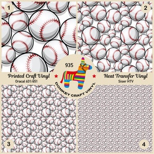 May include: Four different patterns of baseballs on white backgrounds. The top left pattern is labelled "Printed Craft Vinyl Oracal 631/651". The top right pattern is labelled "Heat Transfer Vinyl Siser HTV". The bottom left pattern is labelled "3". The bottom right pattern is labelled "4".