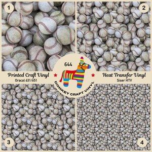 May include: A digital sheet featuring four different patterns of baseballs. The patterns are labelled with numbers 1 through 4. The sheet also includes the text "Printed Craft Vinyl", "Oracal 631/651", "Heat Transfer Vinyl", "Siser HTV", "644", "DONKEY CRAFT VINYL".