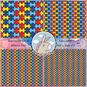 May include: Four different puzzle piece patterns in blue, red, yellow, and light blue. The patterns are labeled with numbers 1 through 4. The text "Heat Transfer Vinyl Adhesive Vinyl" and "Faux Leather PUFF & Glitter HTV 007" are also included in the image.