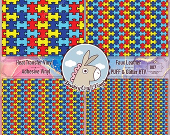 Autism Puzzle Printed HTV, Pattern Vinyl, Pattern HTV, Iron on Puff Heat transfer Vinyl, Adhesive Vinyl, Faux Leather 007