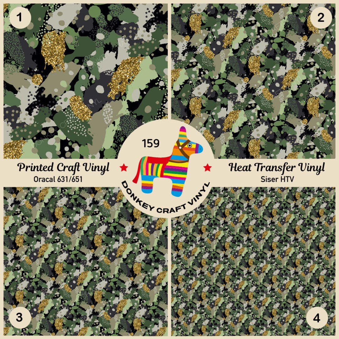 Fancy Camouflage Printed HTV, Pattern Vinyl, Glitter HTV, Iron on Vinyl Faux Leather, Puff Heat