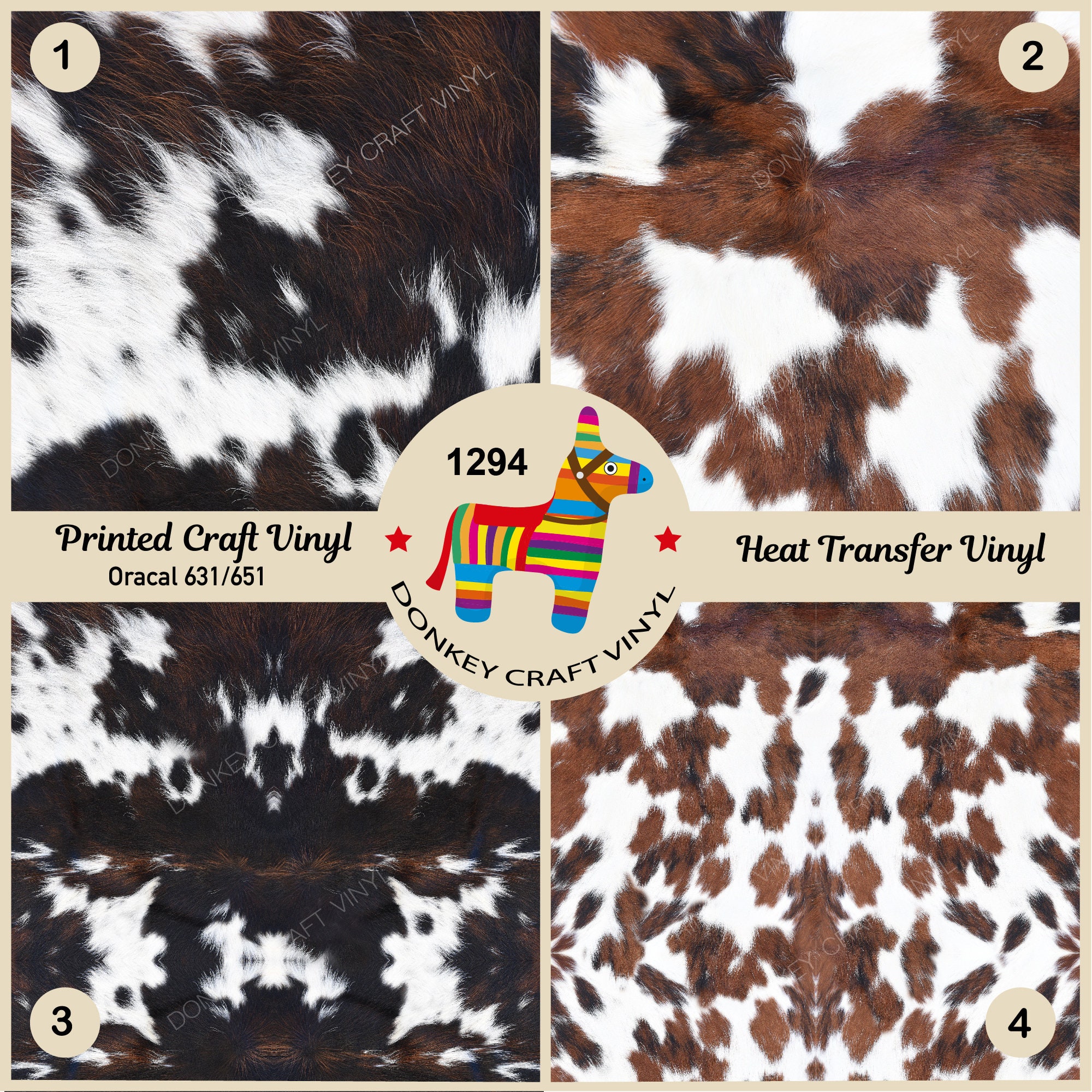 Printed Vinyl or HTV Cowhide Heat Transfer Printed Vinyl Pattern 8 X 12  Sheet for Shirts or Adhesive Vinyl for Cups Digitally Printed 