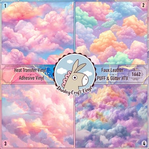 May include: Four colorful cloud patterns, including pink, blue, and orange hues. The image features Heat Transfer Vinyl, Adhesive Vinyl, Faux Leather, and PUFF & Glitter HTV. A logo with a donkey is in the center. The number 1662 is also visible.