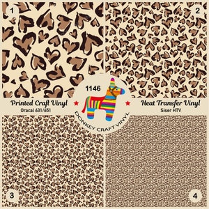 Peut inclure: Quatre carrés de tissu avec un motif de cœurs bruns sur un fond beige. Le carré en haut à gauche indique "Printed Craft Vinyl Oracal 631/651". Le carré en haut à droite indique "Heat Transfer Vinyl Siser HTV". Le carré en bas à gauche est étiqueté "3" et le carré en bas à droite est étiqueté "4". Une piñata d'âne colorée avec le numéro "1146" et les mots "Donkey Craft Vinyl" est au centre de l'image.