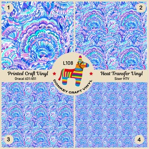 May include: Four different patterns of blue, pink, and white patterned vinyl. The patterns are all similar, but have slight variations. The vinyl is available in two types: printed craft vinyl and heat transfer vinyl. The text "L108" is visible in the center of the image.