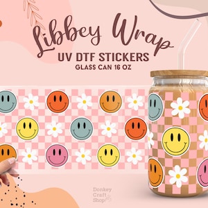 Checkered Smile Emoji UV Dtf, Ready to Transfer, Libbey Glass Can Wrap, UV Dtf Cup Wrap, 16oz Cup Wrap, Tumbler Sticker UV006
