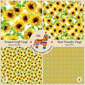 May include: Four images showcasing sunflower patterns for craft vinyl. The first image features large, detailed sunflowers with green leaves. The second image displays a repeating pattern of sunflowers. The third and fourth images show smaller, densely packed sunflower designs. The text includes "Printed Craft Vinyl" and "Heat Transfer Vinyl".