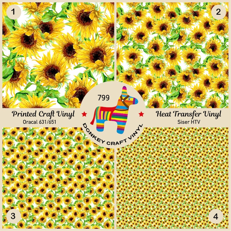 May include: Four images showcasing sunflower patterns for craft vinyl. The first image features large, detailed sunflowers with green leaves. The second image displays a repeating pattern of sunflowers. The third and fourth images show smaller, densely packed sunflower designs. The text includes "Printed Craft Vinyl" and "Heat Transfer Vinyl".