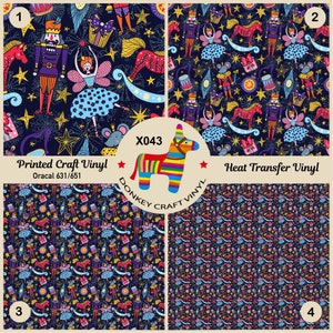 Puede incluir: Cuatro muestras de vinilo estampadas con un fondo azul oscuro e ilustraciones coloridas. Los diseños incluyen cascanueces, hadas, caballos balancín y estrellas. El texto "Printed Craft Vinyl" y "Heat Transfer Vinyl" es visible, junto con el logotipo de Donkey Craft Vinyl.