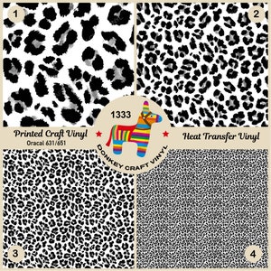 May include: Four different leopard print patterns on white vinyl sheets. The top left sheet is labeled "Printed Craft Vinyl Oracal 631/651". The top right sheet is labeled "Heat Transfer Vinyl". The bottom left sheet is labeled "3" and the bottom right sheet is labeled "4".