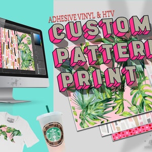 May include: A computer screen shows different patterns for custom vinyl and heat transfer vinyl printing. The text "ADHESIVE VINYL & HTV CUSTOM PATTERN PRINT" is in large pink letters with black polka dots.  A pink and white patterned design is shown on a white t-shirt and a clear tumbler.
