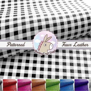 May include: Black and white checkered faux leather fabric. The fabric has a subtle texture and is available in a variety of colors. "Patterned Faux Leather" is written on the fabric.