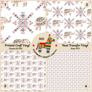 May include: Four patterned vinyl sheets. The top left features elephants and geometric shapes. The top right shows elephants and geometric shapes. The bottom left has elephants and geometric shapes. The bottom right has geometric shapes. The image includes the text "Printed Craft Vinyl" and "Heat Transfer Vinyl".