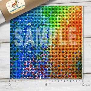 May include: A square sheet of colorful, iridescent vinyl with a mosaic pattern. The colors transition from blue to green to orange. The word "SAMPLE" is printed across the center. The sheet measures 12 inches across.