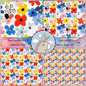 Peut inclure: Quatre motifs floraux colorés. Les motifs présentent des fleurs rouges, jaunes, bleues et blanches avec des accents noirs. Le texte "Heat Transfer Vinyl Adhesive Vinyl" et "Faux Leather PUFF & Glitter HTV" est inclus. Un logo avec un âne est également présent.