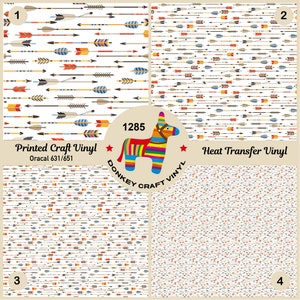 May include: Four patterned vinyl sheets with arrow designs in various colors. The text "Printed Craft Vinyl" and "Heat Transfer Vinyl" are displayed. A colorful donkey pinata graphic is also present.