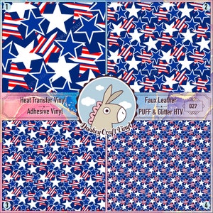 May include: Four different designs of heat transfer vinyl and faux leather with a red, white, and blue star pattern. The designs are labeled with numbers 1 through 4. The text "Heat Transfer Vinyl Adhesive Vinyl" and "Faux Leather PUFF & Glitter HTV 027" is visible in the image.