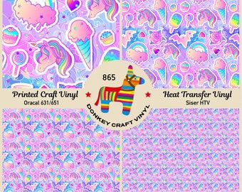 Unicorn, rainbow, ice cream, lollipop, cupcake Printed HTV, Pattern HTV,Printed Vinyl, Puff Heat Transfer Vinyl, Adhesive Craft Vinyl 865