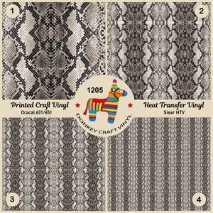 May include: Four samples of snake skin patterned vinyl. The top left sample is labelled "1" and the top right sample is labelled "2". The bottom left sample is labelled "3" and the bottom right sample is labelled "4". The image also includes the text "Printed Craft Vinyl" and "Heat Transfer Vinyl".