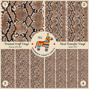 May include: Four squares of brown snake skin patterned vinyl, two are printed craft vinyl and two are heat transfer vinyl. The top left square is labelled "1" and "Printed Craft Vinyl Oracal 631/651". The top right square is labelled "2" and "Heat Transfer Vinyl Siser HTV". The bottom left square is labelled "3" and the bottom right square is labelled "4".