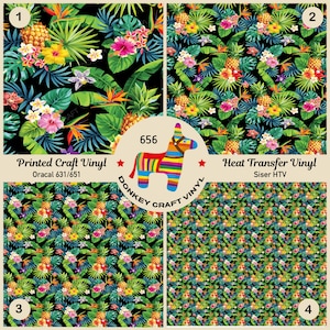 May include: Four vinyl sheets with tropical floral patterns. The designs feature pineapples, hibiscus flowers, and lush green leaves on a black background. The image includes text that reads "Printed Craft Vinyl" and "Heat Transfer Vinyl". A colorful donkey pinata is also present.