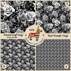 Black and White Roses Printed HTV, Pattern Vinyl, Pattern HTV Puff Heat transfer Vinyl, Glitter HTV,  Adhesive Craft Vinyl 1372