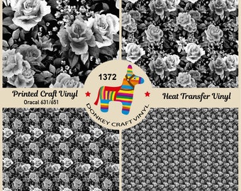 Black and White Roses Printed HTV, Pattern Vinyl, Pattern HTV Puff Heat transfer Vinyl, Glitter HTV,  Adhesive Craft Vinyl 1372