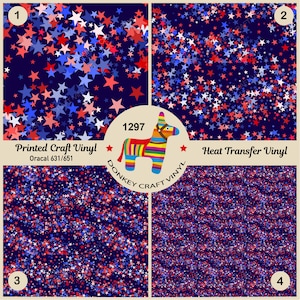 May include: Four digital paper designs featuring a blue background with red, white, and blue stars. The designs are labeled 1, 2, 3, and 4. The text "Printed Craft Vinyl Oracal 631/651" and "Heat Transfer Vinyl" are included in the image. A donkey piñata with the text "1297 Donkey Craft Vinyl" is in the center of the image.
