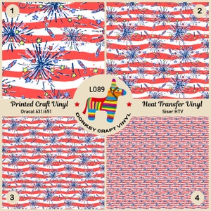 May include: Four different designs of red, white, and blue striped fabric with fireworks and stars. The designs are labeled 1, 2, 3, and 4. The fabric is labeled as "Printed Craft Vinyl" and "Heat Transfer Vinyl".