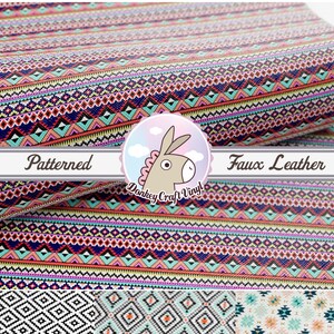 May include: A patterned faux leather fabric with a geometric design in shades of pink, blue, yellow, and red. The fabric is folded over, showing the texture of the faux leather. The text "Patterned Faux Leather" is visible in the image.