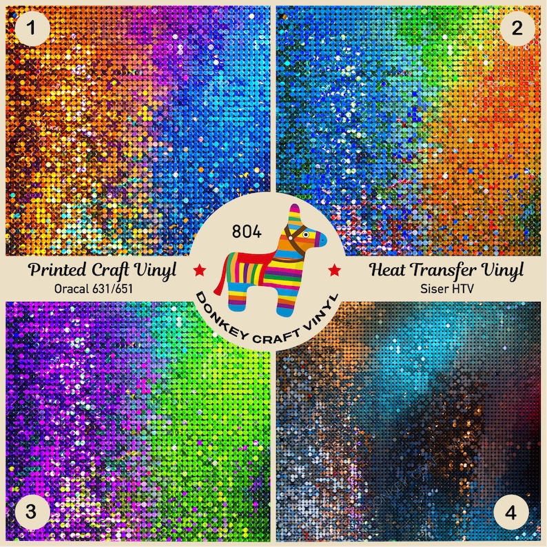 May include: A collage of four colorful vinyl sheets with a sequin-like texture. The top left is orange, blue, and purple. The top right is orange, green, and blue. The bottom left is purple and green. The bottom right is blue and brown. The image includes text: "Printed Craft Vinyl" and "Heat Transfer Vinyl".