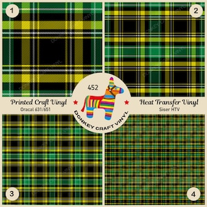 Può includere: Quattro quadrati di tessuto a quadri in verde, giallo e nero. I quadrati sono etichettati da 1 a 4. Al centro dell'immagine c'è una piñata a forma di asino con il testo "452 Donkey Craft Vinyl" e le parole "Printed Craft Vinyl Oracal 631/651" e "Heat Transfer Vinyl Siser HTV".