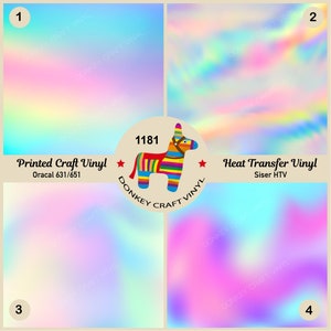 Pode incluir: Quatro folhas de vinil iridescente de 30,5 x 30,5 cm, duas folhas são vinil artesanal impresso e duas folhas são vinil de transferência térmica. As folhas estão dispostas em uma grade com o texto "Printed Craft Vinyl Oracal 631/651" e "Heat Transfer Vinyl Siser HTV" impresso nas duas folhas superiores. As duas folhas inferiores são de cor arco-íris iridescente.