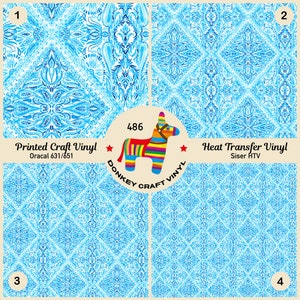 Könnte beinhalten: Vier gemusterte Vinylmuster in Blau- und Weißtönen. Die Muster sind mit Nummern und Text beschriftet, darunter "Printed Craft Vinyl" und "Heat Transfer Vinyl". Eine farbenfrohe Esel-Piñata-Grafik befindet sich in der Mitte.