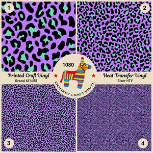 May include: Four 12x12 inch sheets of vinyl with a leopard print pattern in black, green, and purple. The top two sheets are labeled "Printed Craft Vinyl" and "Heat Transfer Vinyl". The bottom two sheets are numbered 3 and 4. The text "1080 DONKEY CRAFT VINYL" is in a circle with a donkey pinata graphic.