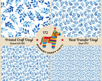 Bohemian Blue Leaves Printed HTV, Pattern Vinyl, Pattern HTV, Iron on Vinyl, Puff Heat transfer Vinyl,  Adhesive Craft Vinyl- 172