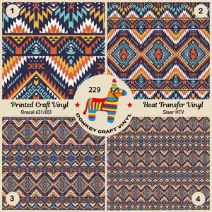 May include: Four patterned vinyl sheets with geometric designs in navy, teal, orange, and yellow. The image includes text that reads "Printed Craft Vinyl" and "Heat Transfer Vinyl". A colorful donkey piñata graphic is also present.