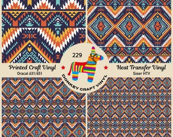 Aztec Navajo Printed Vinyl, Iron on Vinyl, Pattern HTV, Faux leather, Puff Heat transfer Vinyl,  Adhesive Craft Vinyl- 229